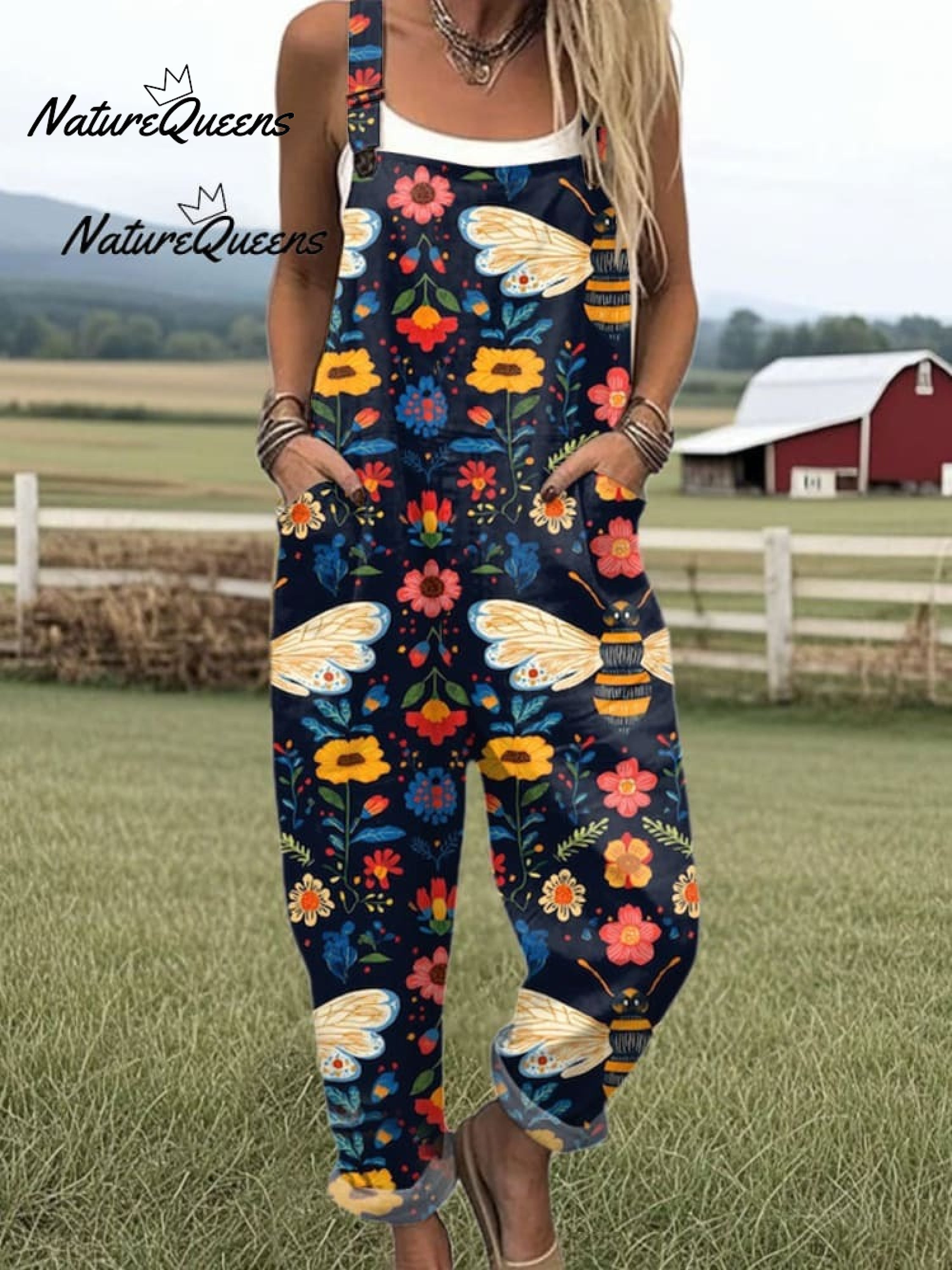 Women's Flying Bees Embroidery Pattern Casual Cotton Wide Leg Jumpsuit