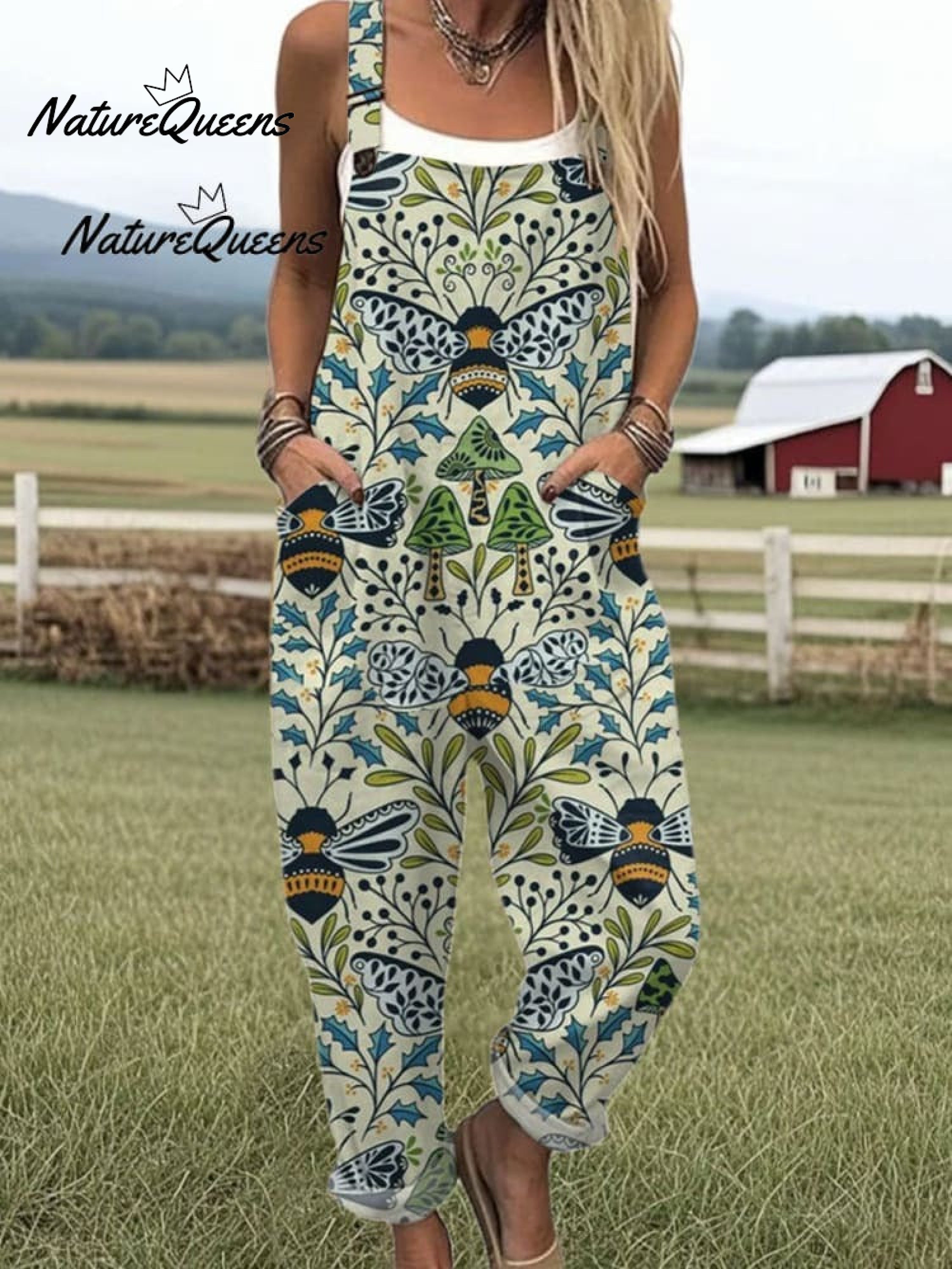 Women's Flying Bees Embroidery Pattern Casual Cotton Wide Leg Jumpsuit