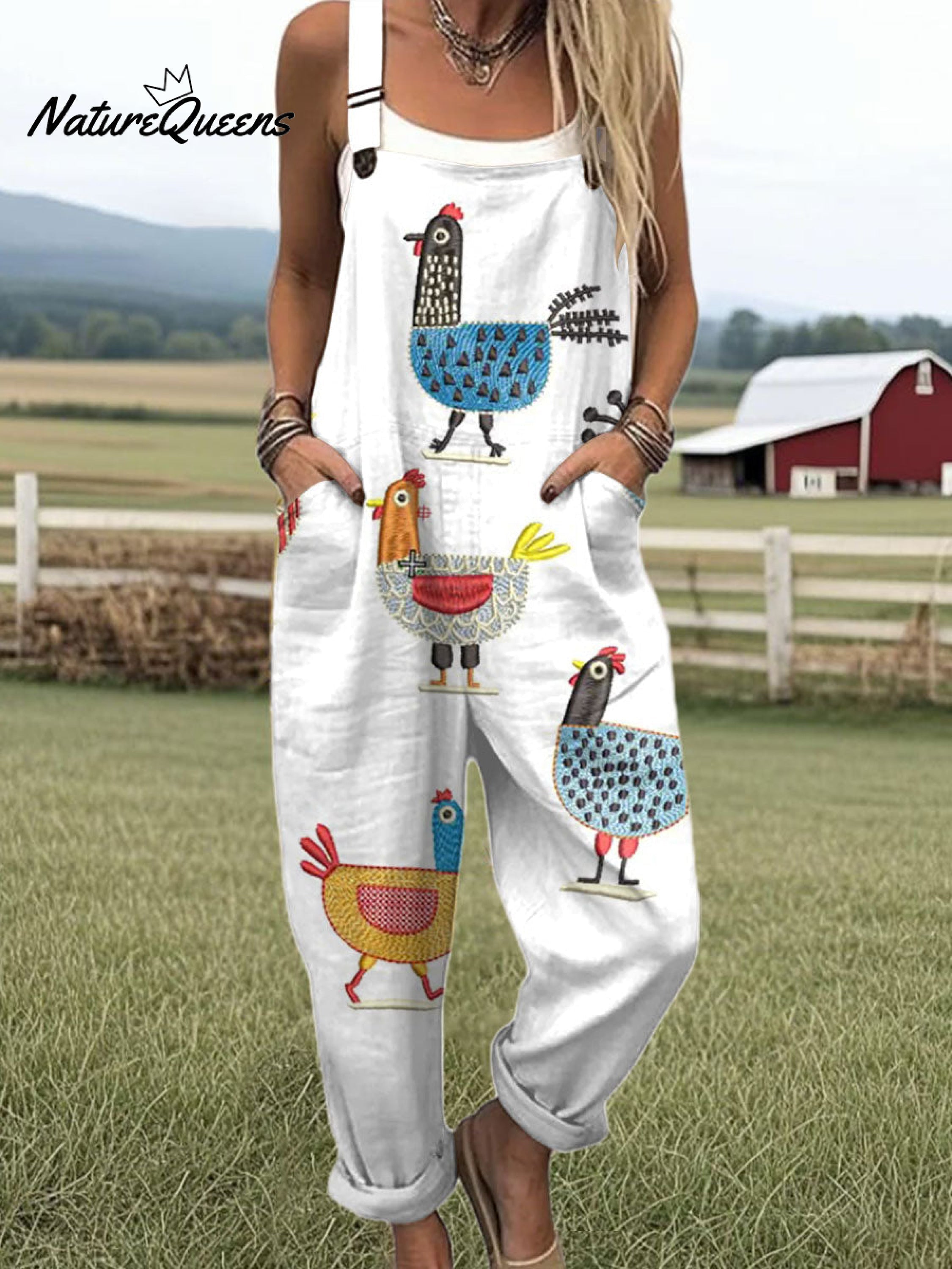 Women's Flying Bees Embroidery Pattern Casual Cotton Wide Leg Jumpsuit