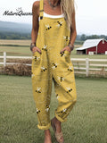 Women's Flying Bees Embroidery Pattern Casual Cotton Wide Leg Jumpsuit