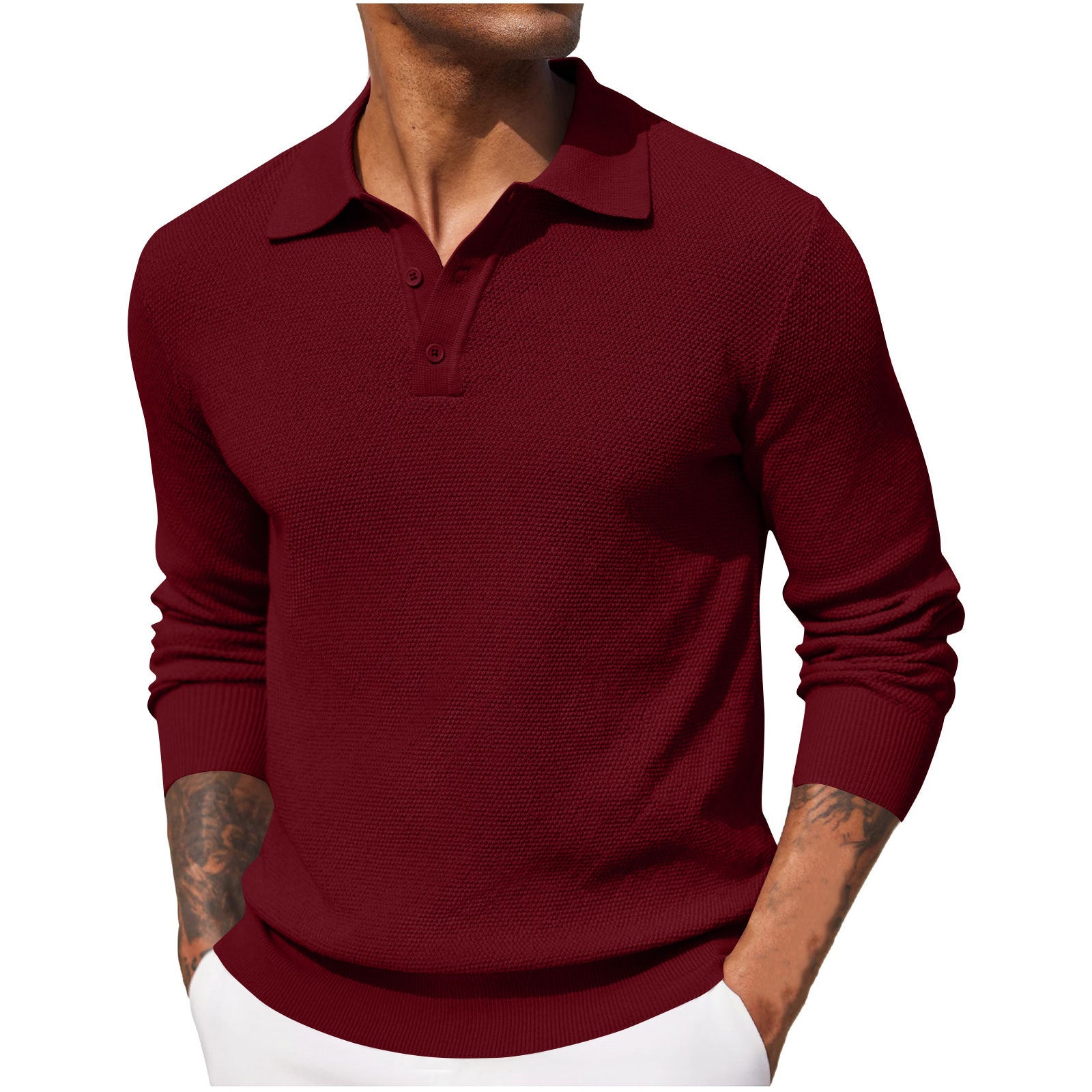 Long-sleeved V-neck button-down polo shirt