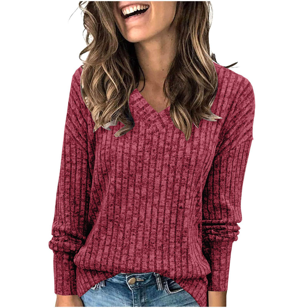 Women's Long-Sleeved V-Neck Sweater Knit T-Shirt