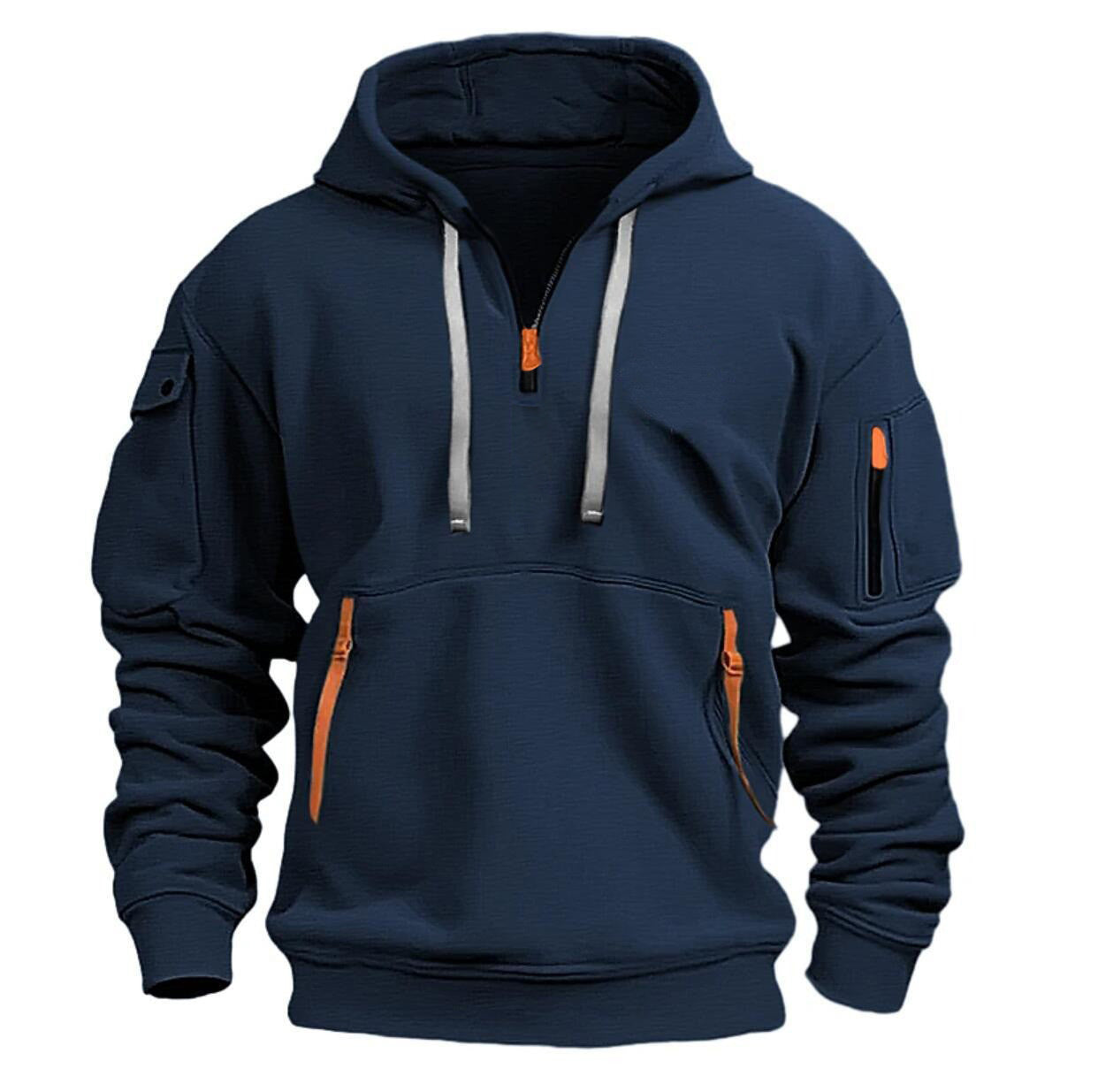 Zippered hooded sweatshirt with multiple pockets, men's sports casual jacket
