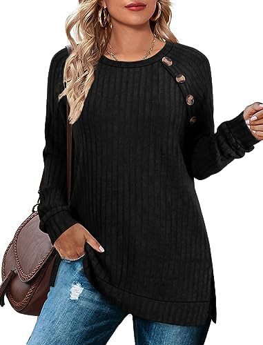 Round neck raglan sleeve T-shirt buttoned waist and side slit long-sleeved top