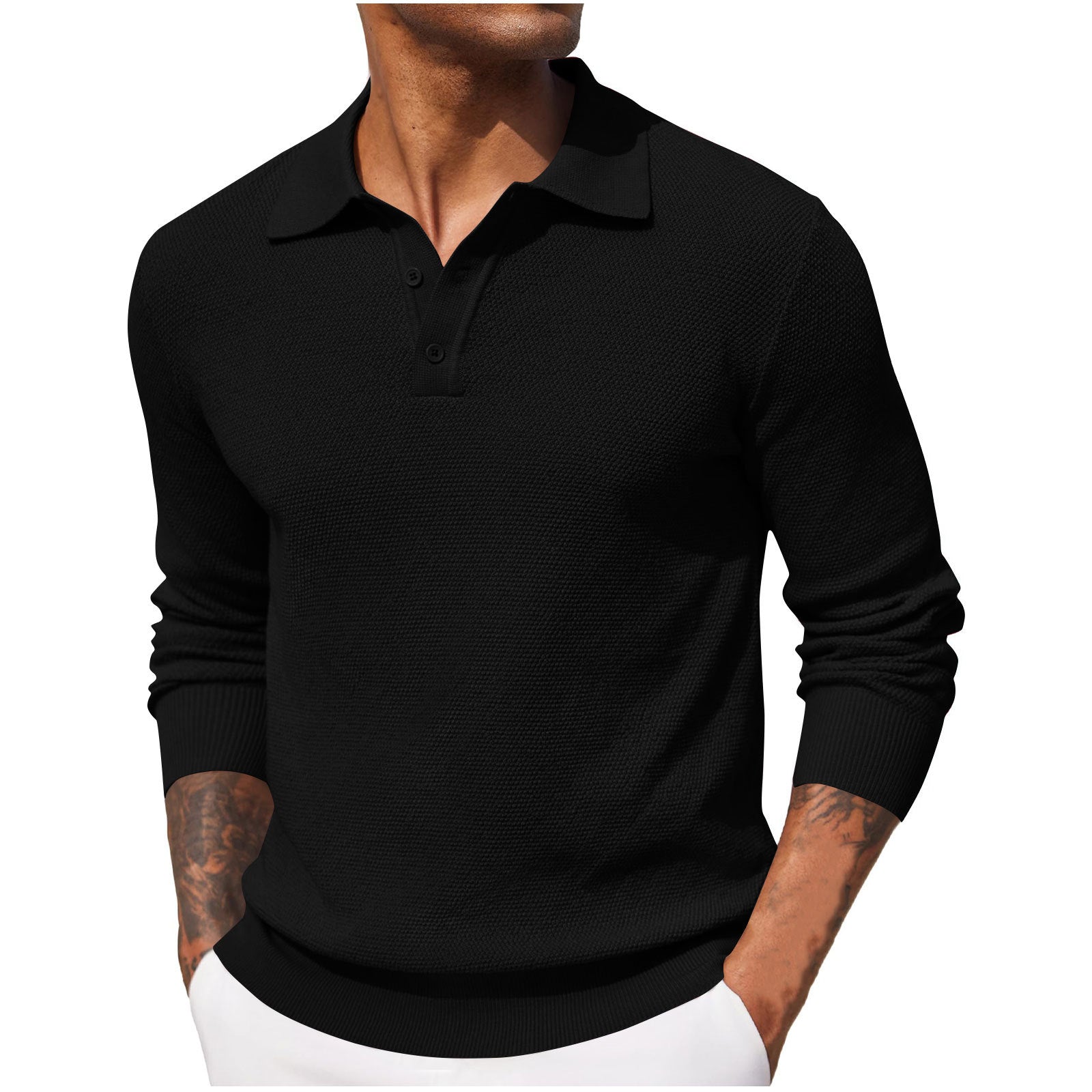 Long-sleeved V-neck button-down polo shirt