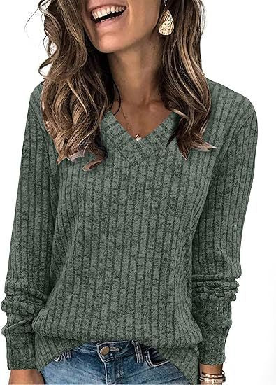 Women's Long-Sleeved V-Neck Sweater Knit T-Shirt