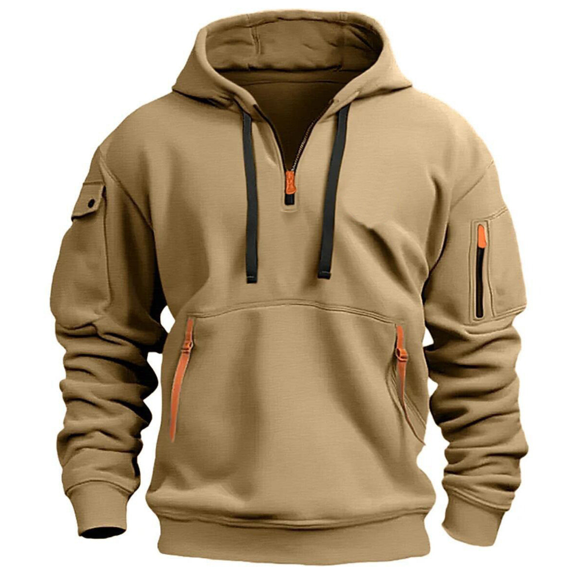 Zippered hooded sweatshirt with multiple pockets, men's sports casual jacket