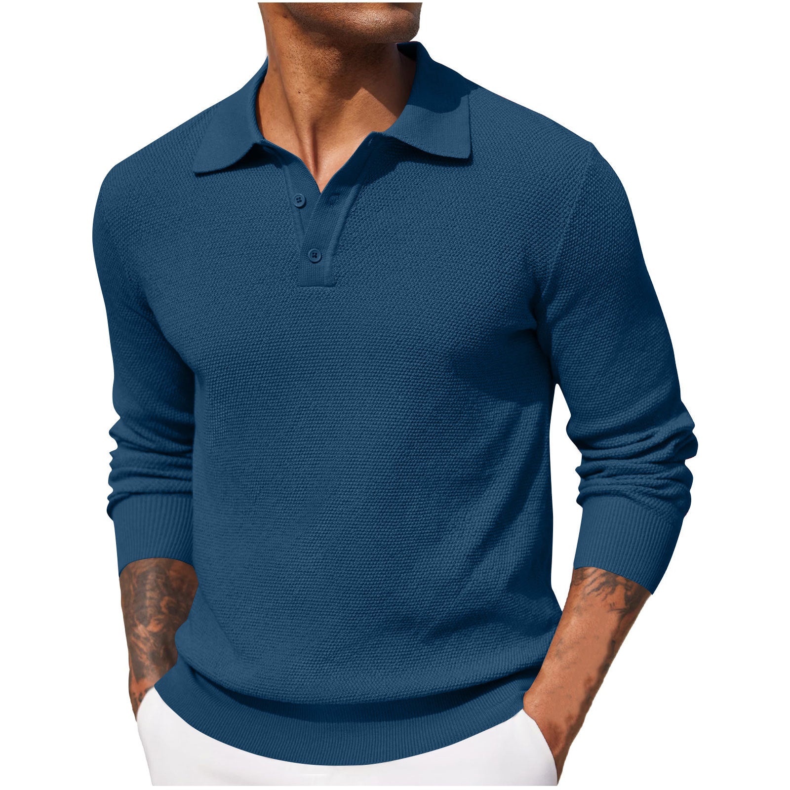 Long-sleeved V-neck button-down polo shirt