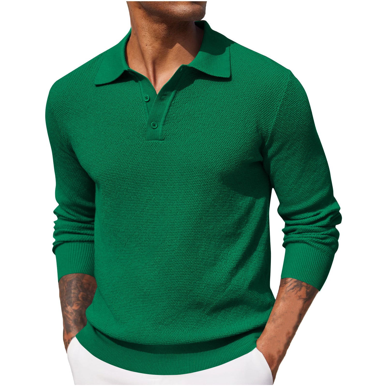 Long-sleeved V-neck button-down polo shirt