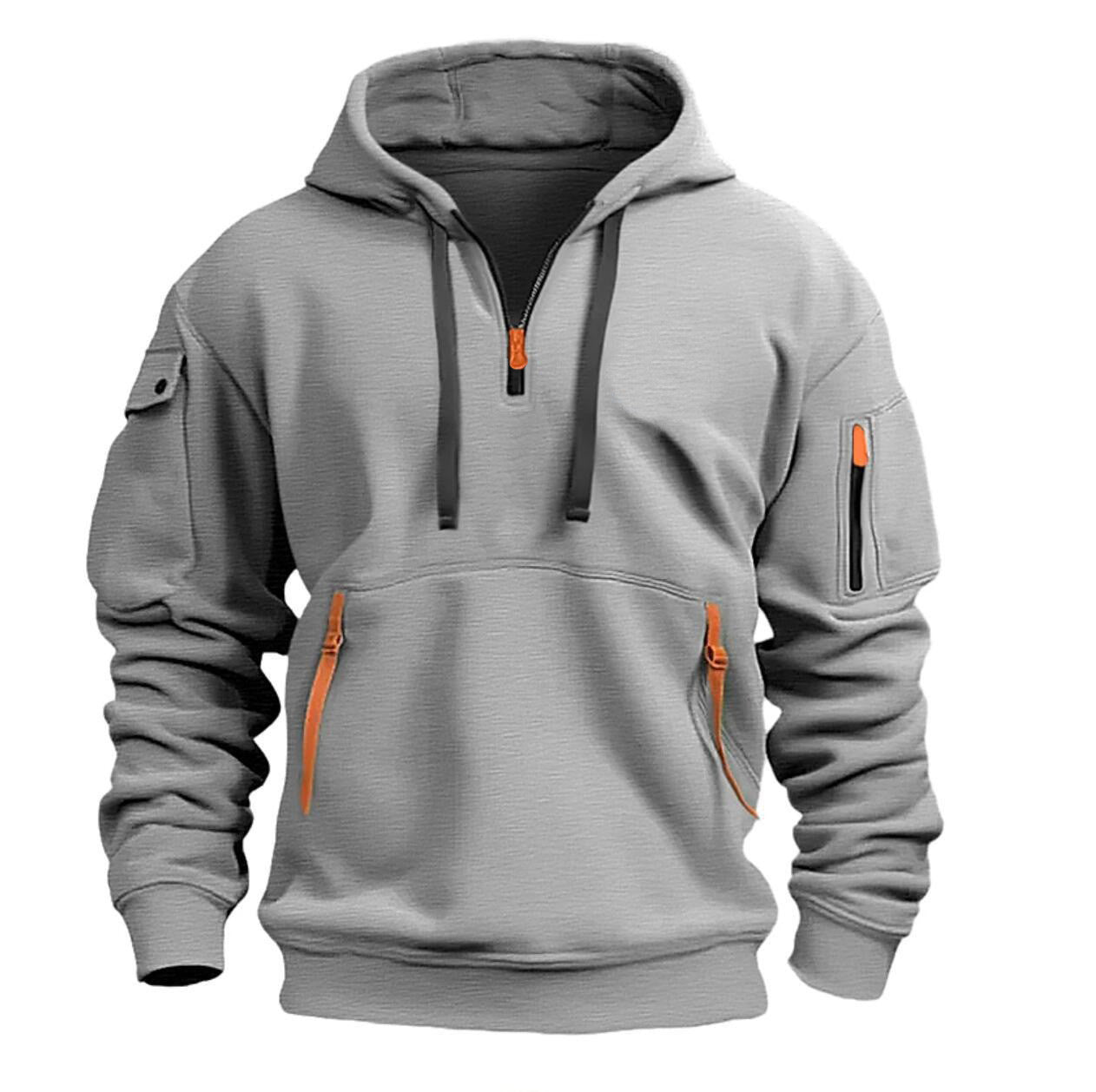 Zippered hooded sweatshirt with multiple pockets, men's sports casual jacket
