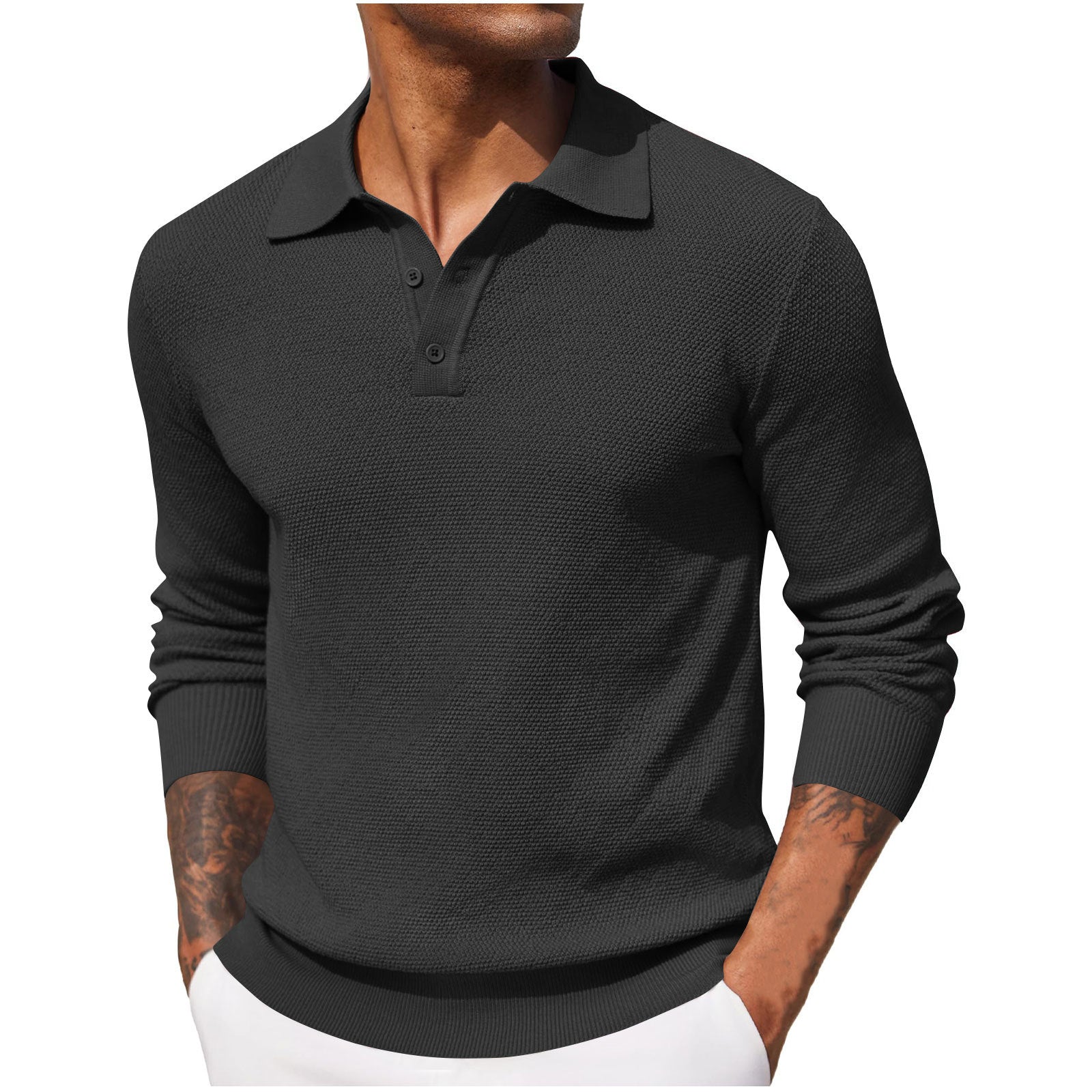 Long-sleeved V-neck button-down polo shirt