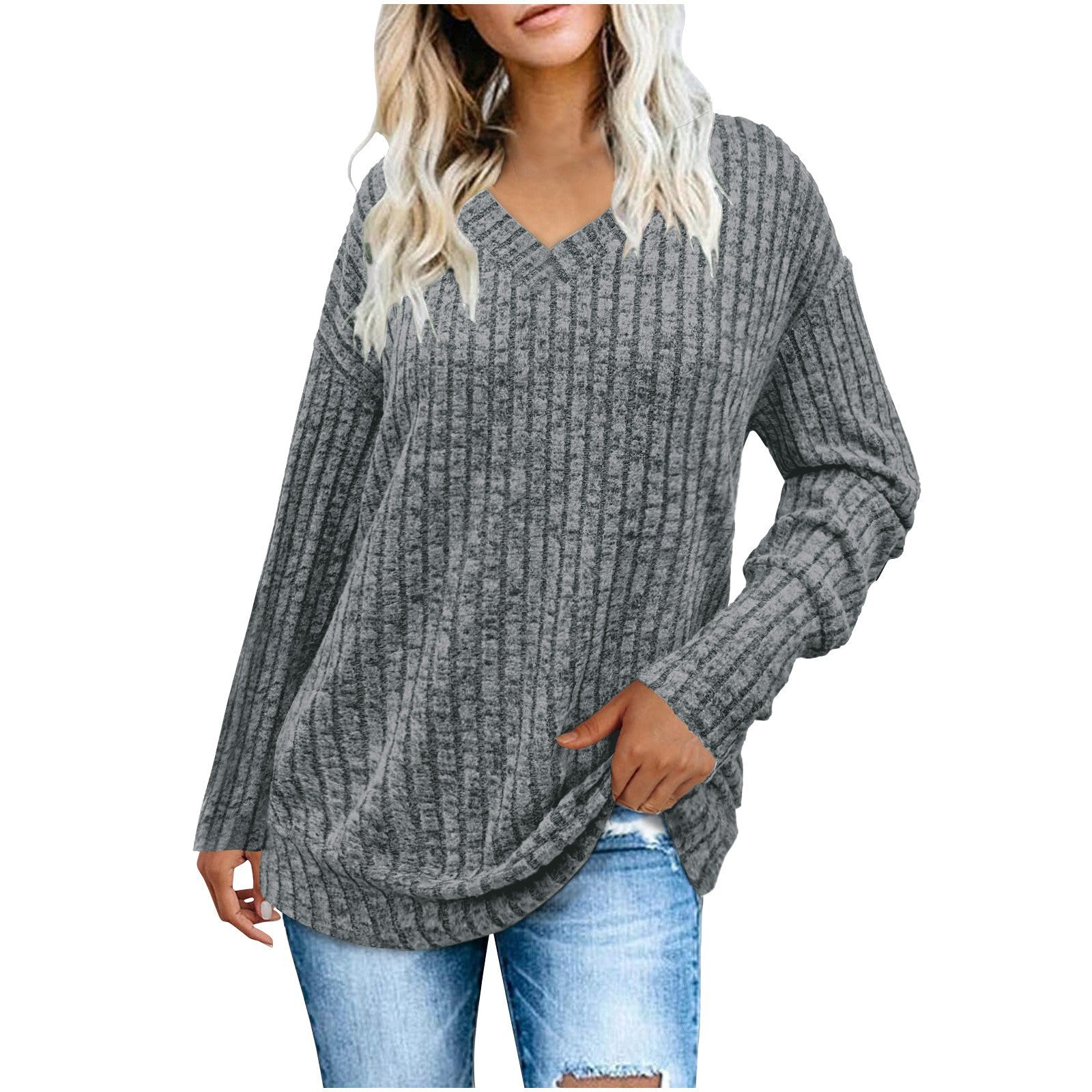 Women's Long-Sleeved V-Neck Sweater Knit T-Shirt