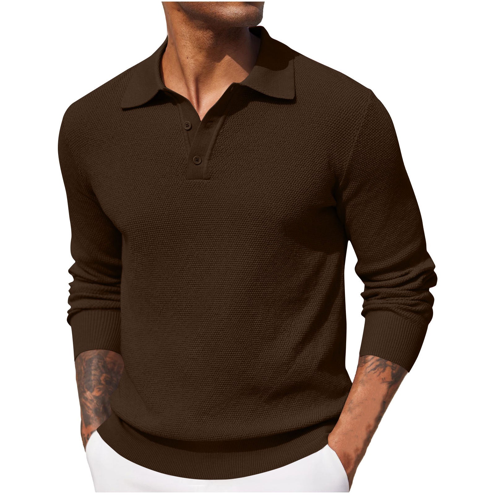 Long-sleeved V-neck button-down polo shirt