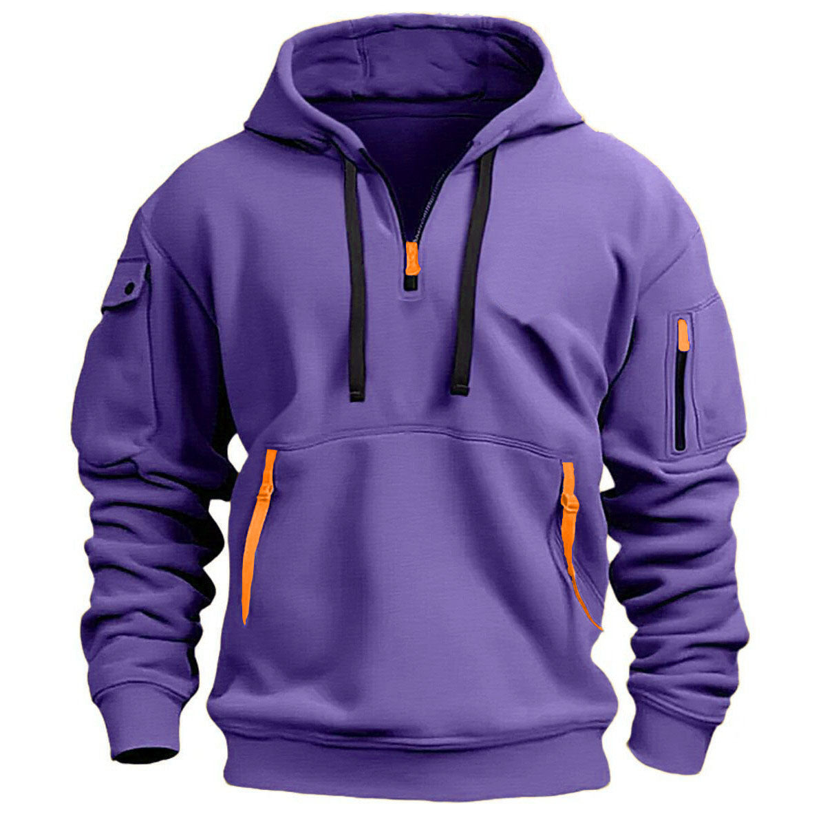 Zippered hooded sweatshirt with multiple pockets, men's sports casual jacket