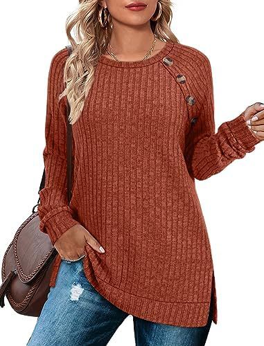 Round neck raglan sleeve T-shirt buttoned waist and side slit long-sleeved top