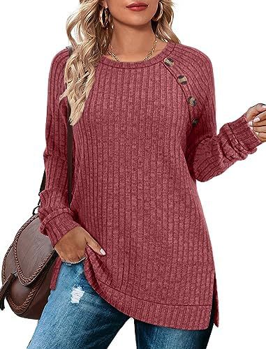 Round neck raglan sleeve T-shirt buttoned waist and side slit long-sleeved top