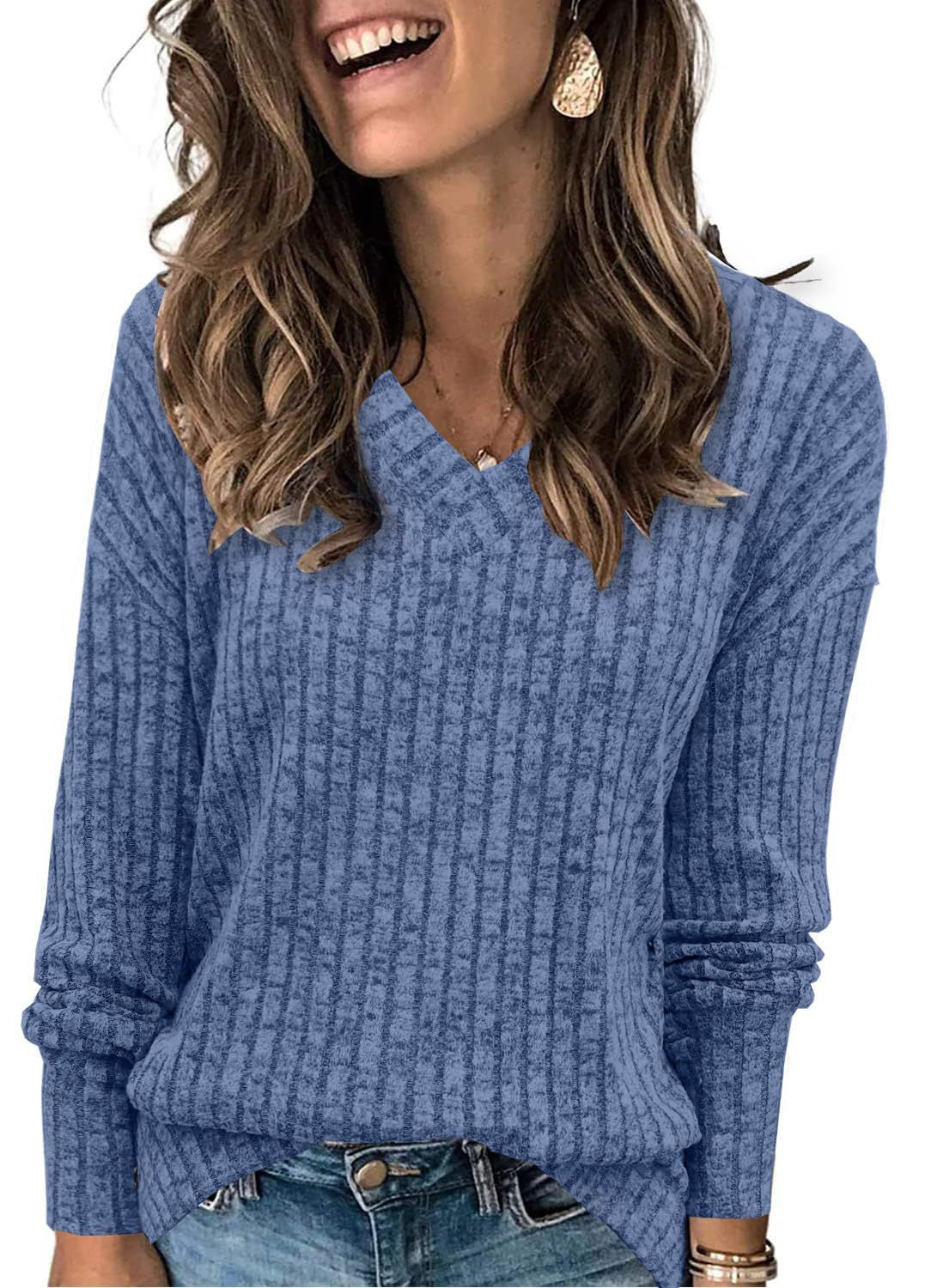 Women's Long-Sleeved V-Neck Sweater Knit T-Shirt
