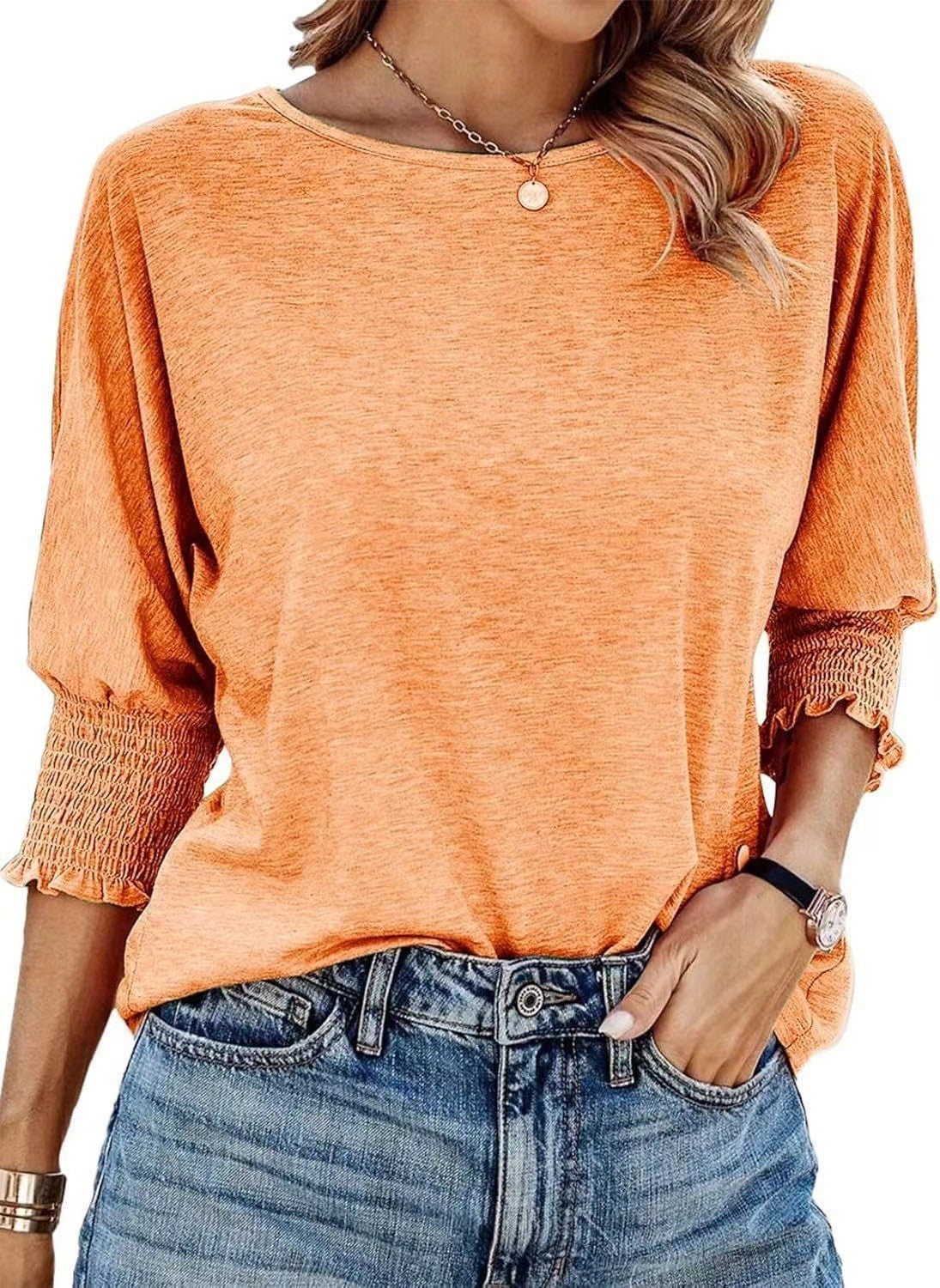 Fashionable loose-fitting round collar and cuff long T-shirt