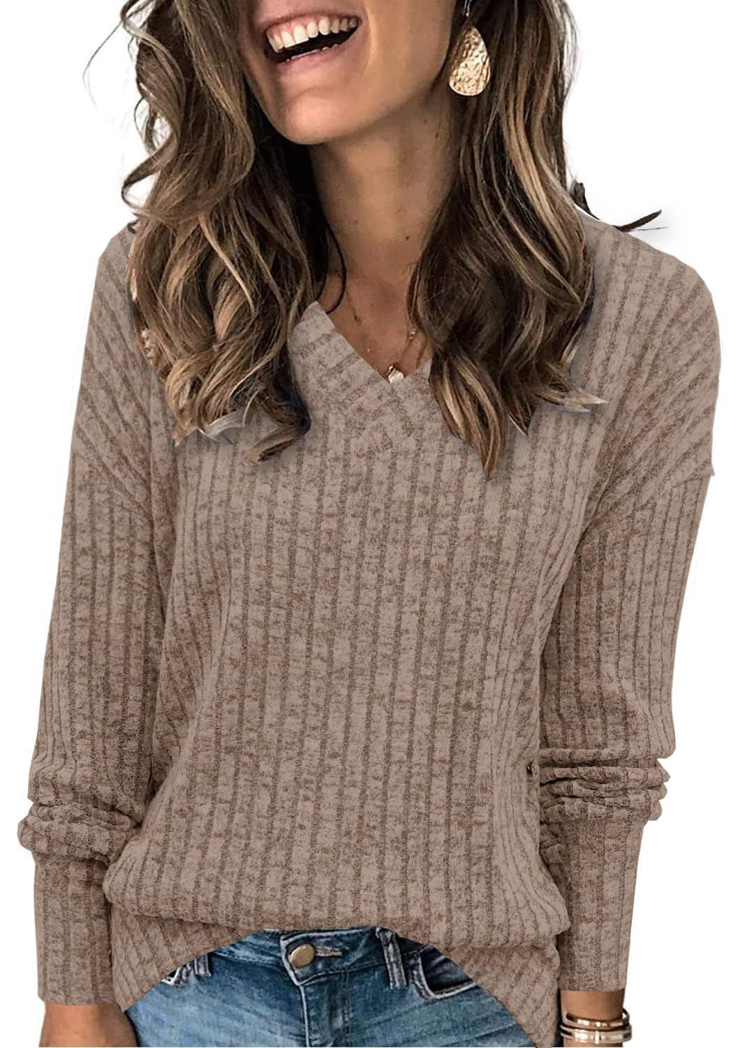 Women's Long-Sleeved V-Neck Sweater Knit T-Shirt