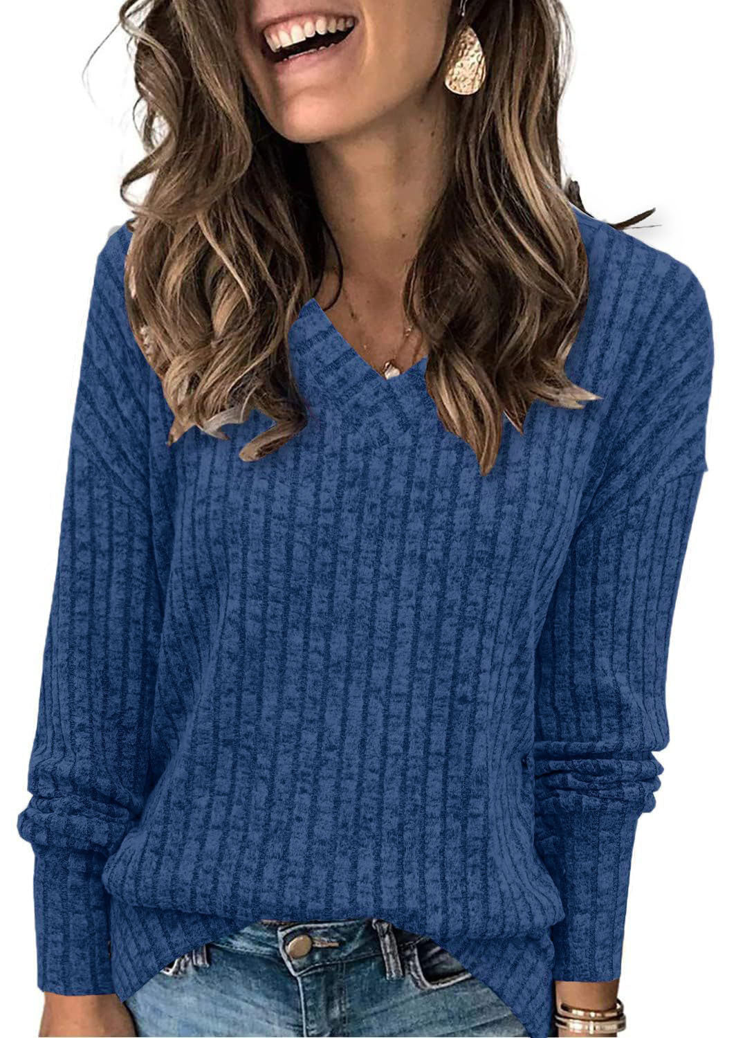 Women's Long-Sleeved V-Neck Sweater Knit T-Shirt