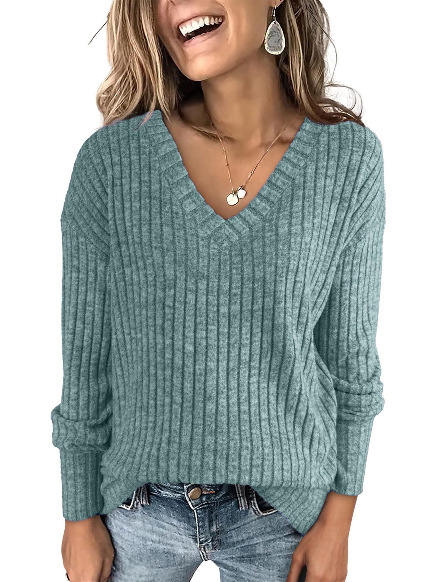 Women's Long-Sleeved V-Neck Sweater Knit T-Shirt