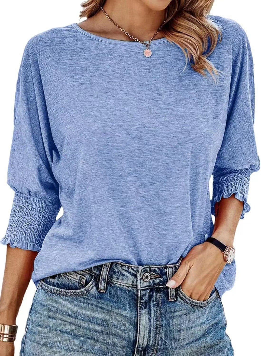 Fashionable loose-fitting round collar and cuff long T-shirt