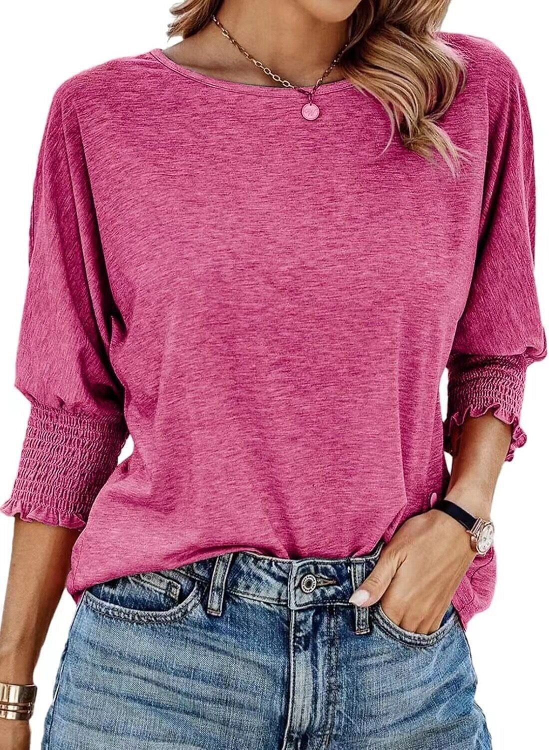 Fashionable loose-fitting round collar and cuff long T-shirt