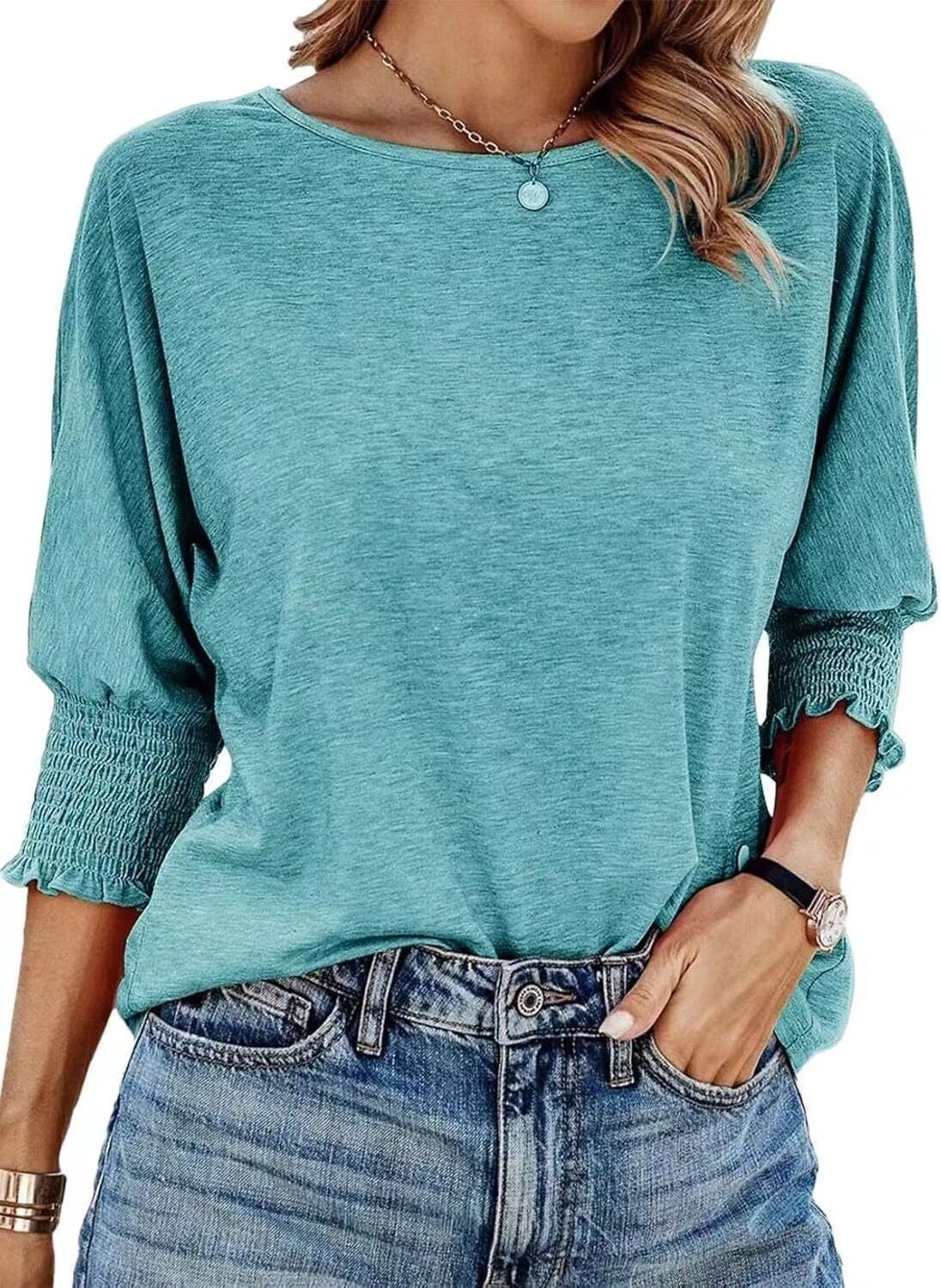 Fashionable loose-fitting round collar and cuff long T-shirt