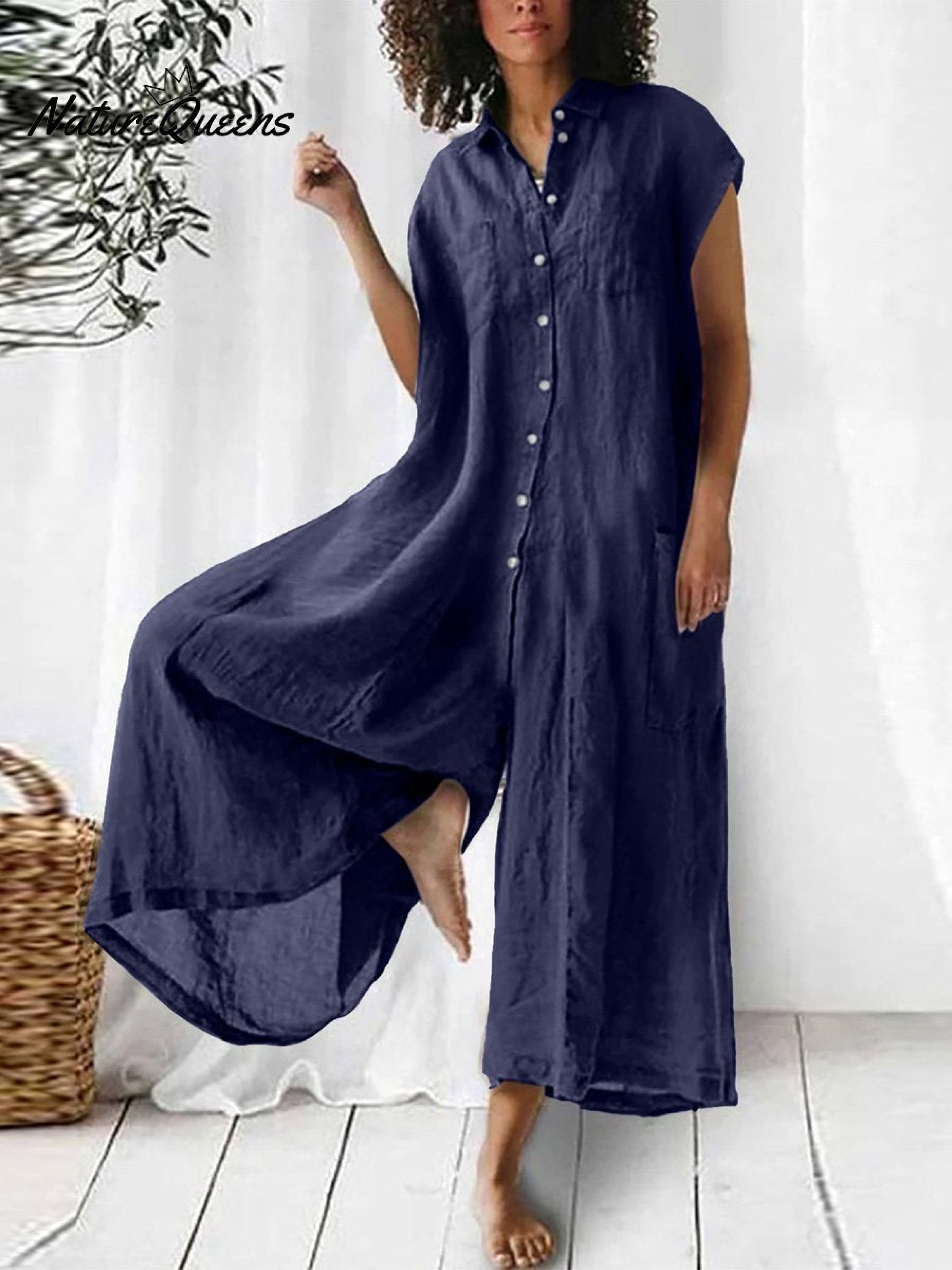 Women's Cotton And Linen Solid Color Short Sleeve Jumpsuit